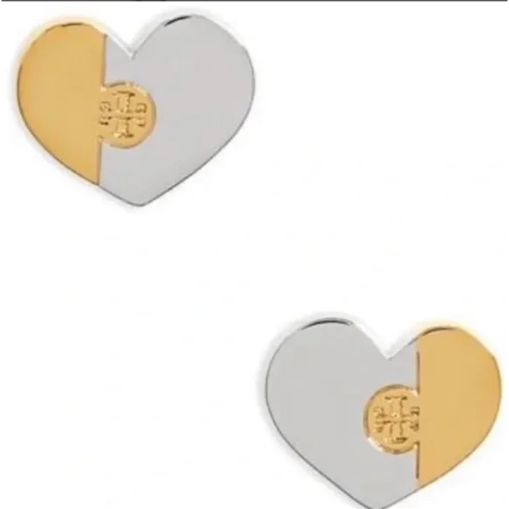 NWT Tory Burch Two-Tone Heart Stud Earrings in Gold and Silver
